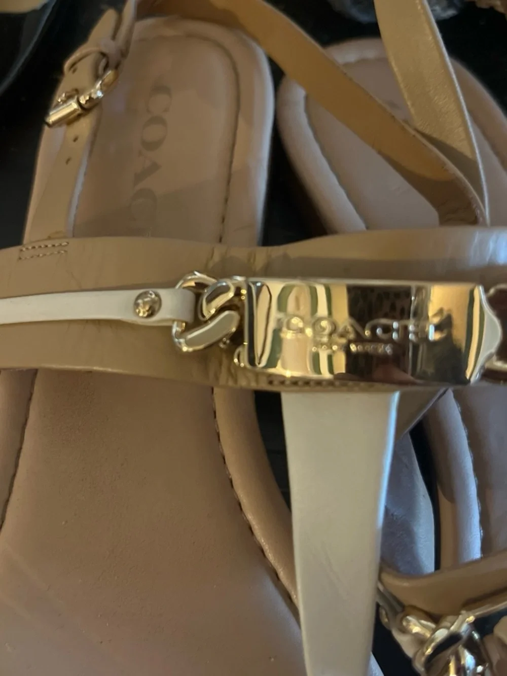 Coach Beige and White Leather T-Strap Sandals with Gold Plaque